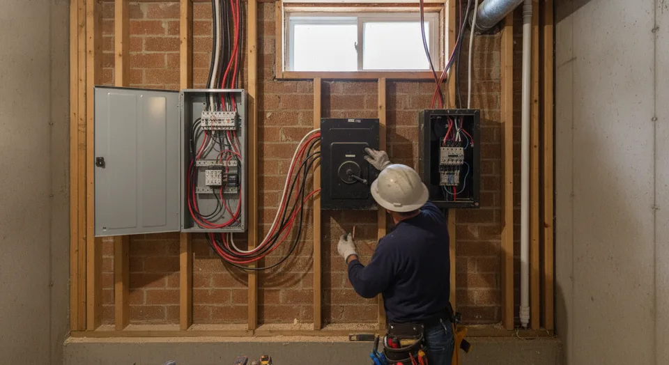 Licensed electrician wiring a new 200-amp panel beside an old fuse box in the basement of a brick house in Kitchener, Ontario